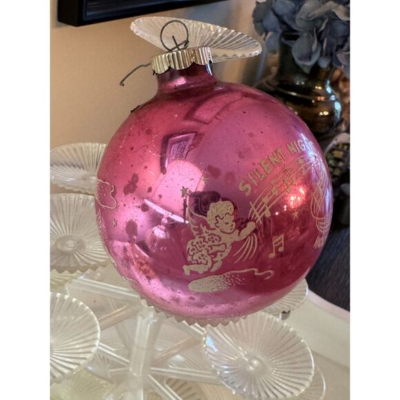 Vintage large  pink Christmas ball, Christmas ornament Silent Night stenciled - Picture 3 of 6